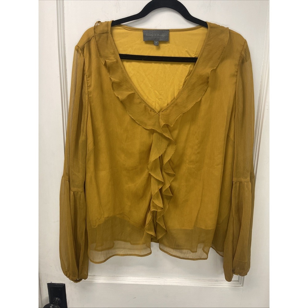 Anthropologie Sunday in Brooklyn XL Mustard Chiffon Ruffle Long Sleeve Blouse